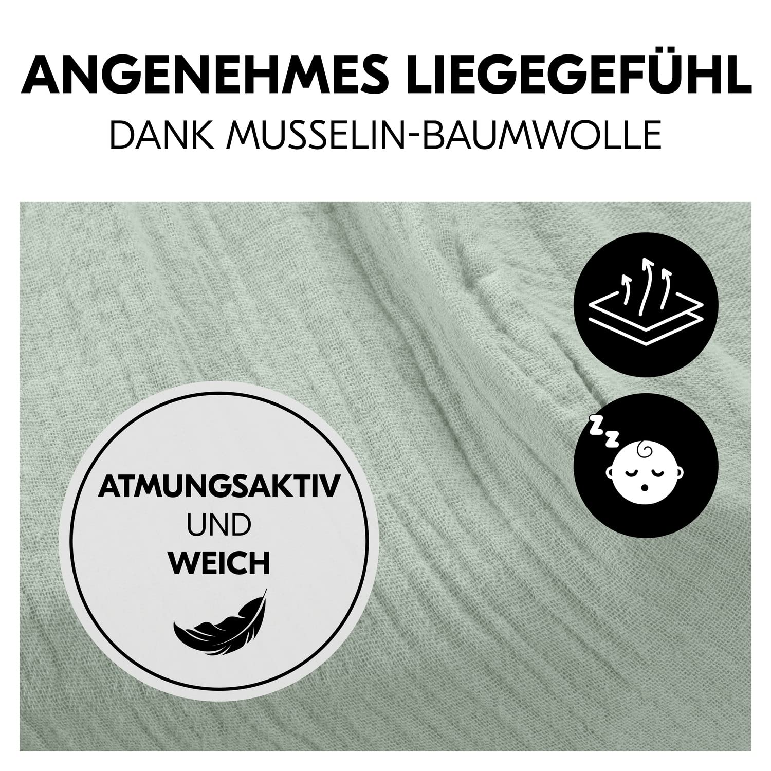 hauck Baby Spannbettlaken 60x120 cm für Reisebettmatratzen, Baby Matratzenbezug Baumwolle Musselin, 60° C Maschinenwäsche, Babybettlaken mit Gummizug (Sage)