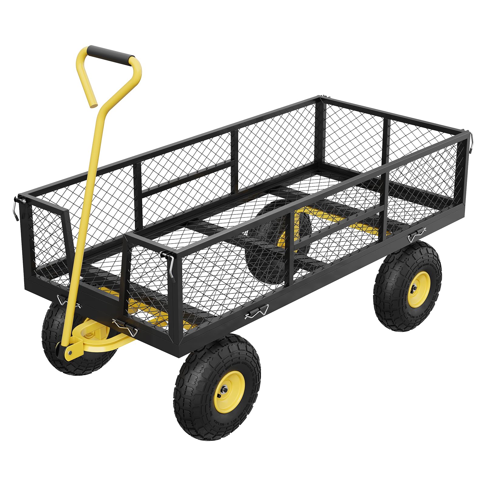 Chariot de Jardin Chariot à roulettes Grillagé à Ouverture Latérale Transport Camping Acier Maille Côtés Amovibles Jardin Camping Ferme Corps Noir PoignéE et Rayons Jaunes 150kg