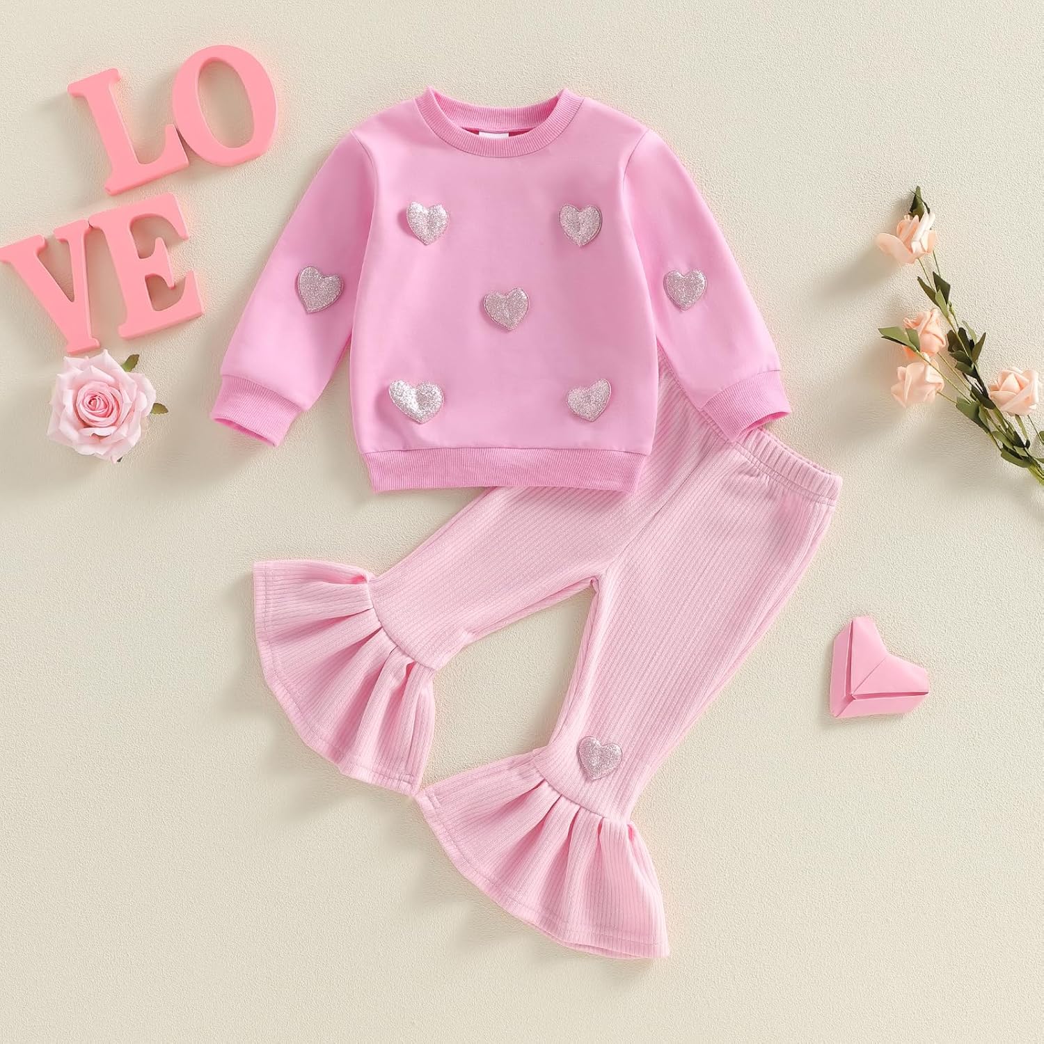 Twopumpkin Baby Girl Valentines Day Outfit Toddler Girls Valentines Sweatshirt Ribbed Bell Bottoms Falre Pants Clothes Set - Image 2