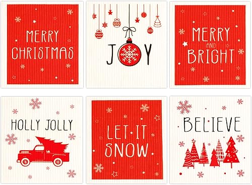 Juego de 6 paños de cocina suecos de Feliz Navidad, copos de nieve de Navidad, juego de paños de cocina para vacaciones de invierno, paños de cocina