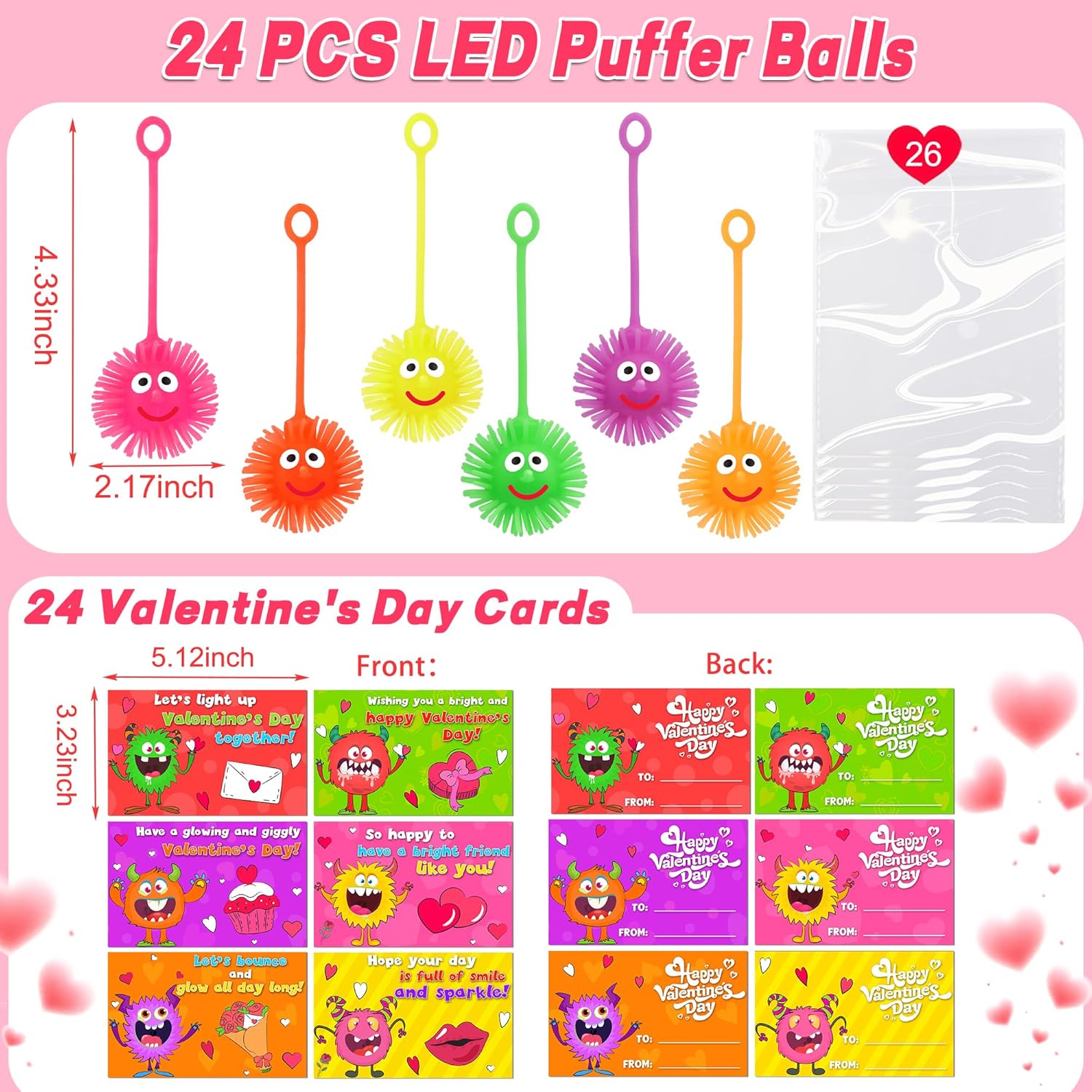 24 Pack Valentines Day Gifts for Kids Classroom LED Puffer Ball Toys with Valentines Day Cards for Kids School, Valentines for Kids Class Exchange Cards Gifts Prizes Party Favors for Boys Girls