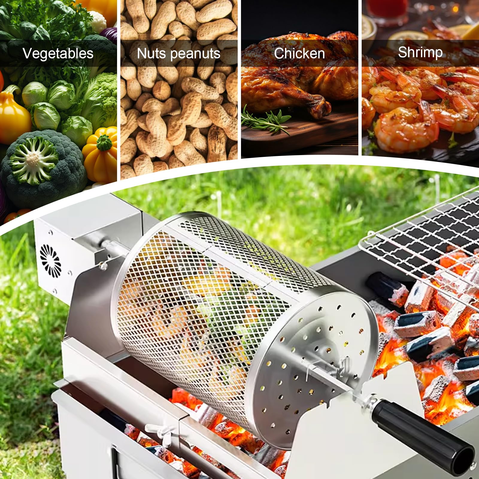 Nikou Cestino per Barbecue Girevole Grill, Girarrosto in Acciaio Inox, Rotisserie Automatico Rotante Grill Basket BBQ Kebab Macchina per Verdure, Arachidi, Noci