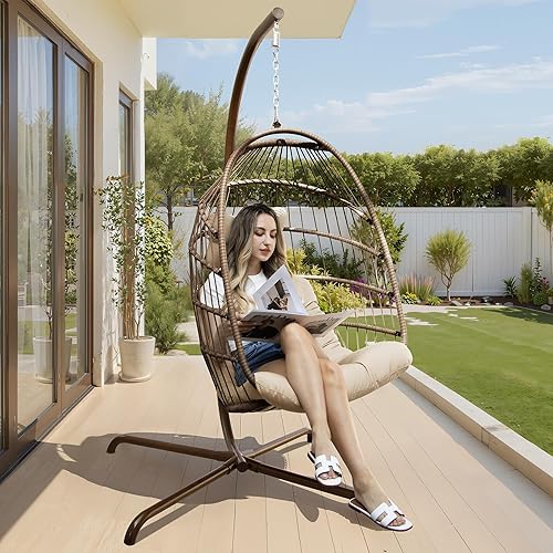 Miniatura 32 de Silla colgante de huevo, de mimbre y ratán, cojines resistentes a los rayos ultravioleta, capacidad de 350 libras, para dormitorio, balcón, patio