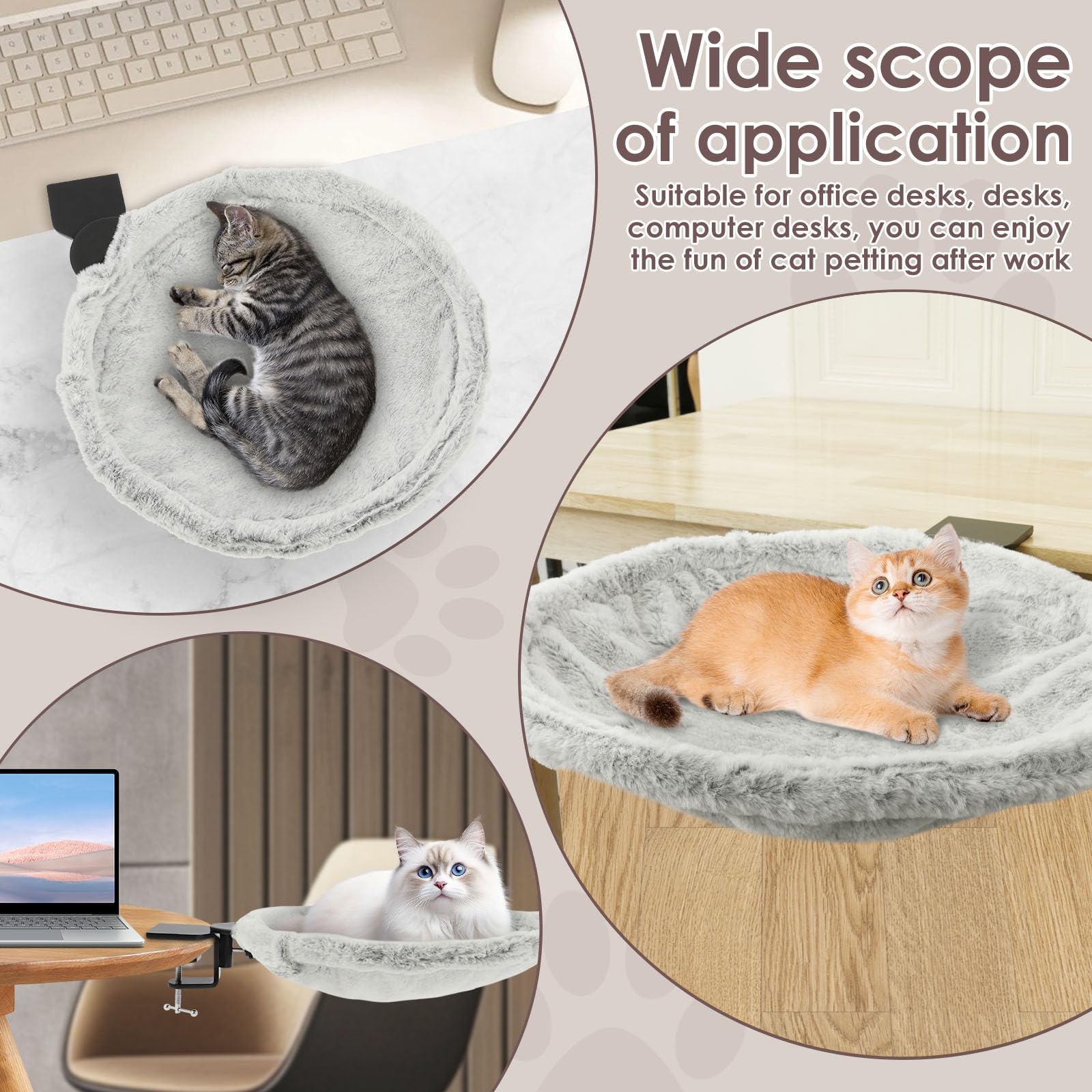 Plüsch Katzenhängematte, Starke Bequem Katzenschreibtischbett bis 20kg, Katzen Hängematte mit Stabiler Stahlhalterung, Platzsparend, Hängebett für Bürotische Schreibtisch und Computertische(grau)