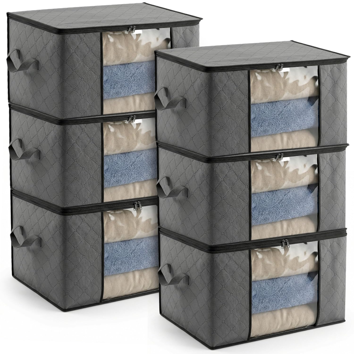 QWORK® 6 Pack Clothes Storage Bags 55 * 35 * 32cm - 60L Capacity, Breathable Fabric with Clear Window, Reinforced Handles, Two-Way Zipper for Closet Organization