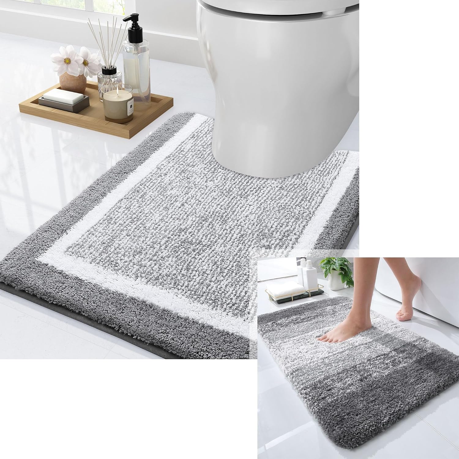 OLANLY Ombre Bath Rugs and Toilet Rugs U-Shaped, Bath Rug Size 24x16 and Toilet Rugs Size 24x20 in Grey, 2 Item Bundle