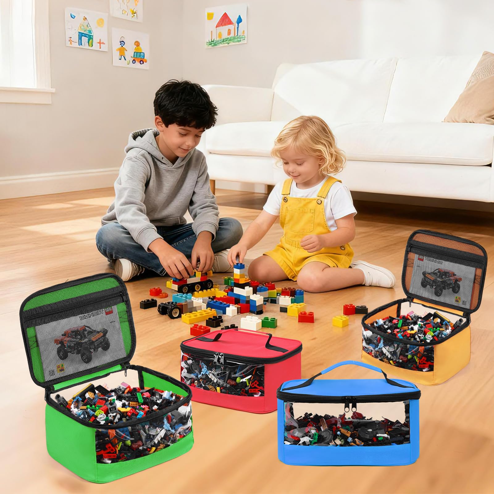 4 bolsas de almacenamiento de juguetes, bolsa organizadora de juguetes de PVC transparente con bolsillo manual para ladrillos de construcción clásicos, rompecabezas, coches de juguete, tamaño grande