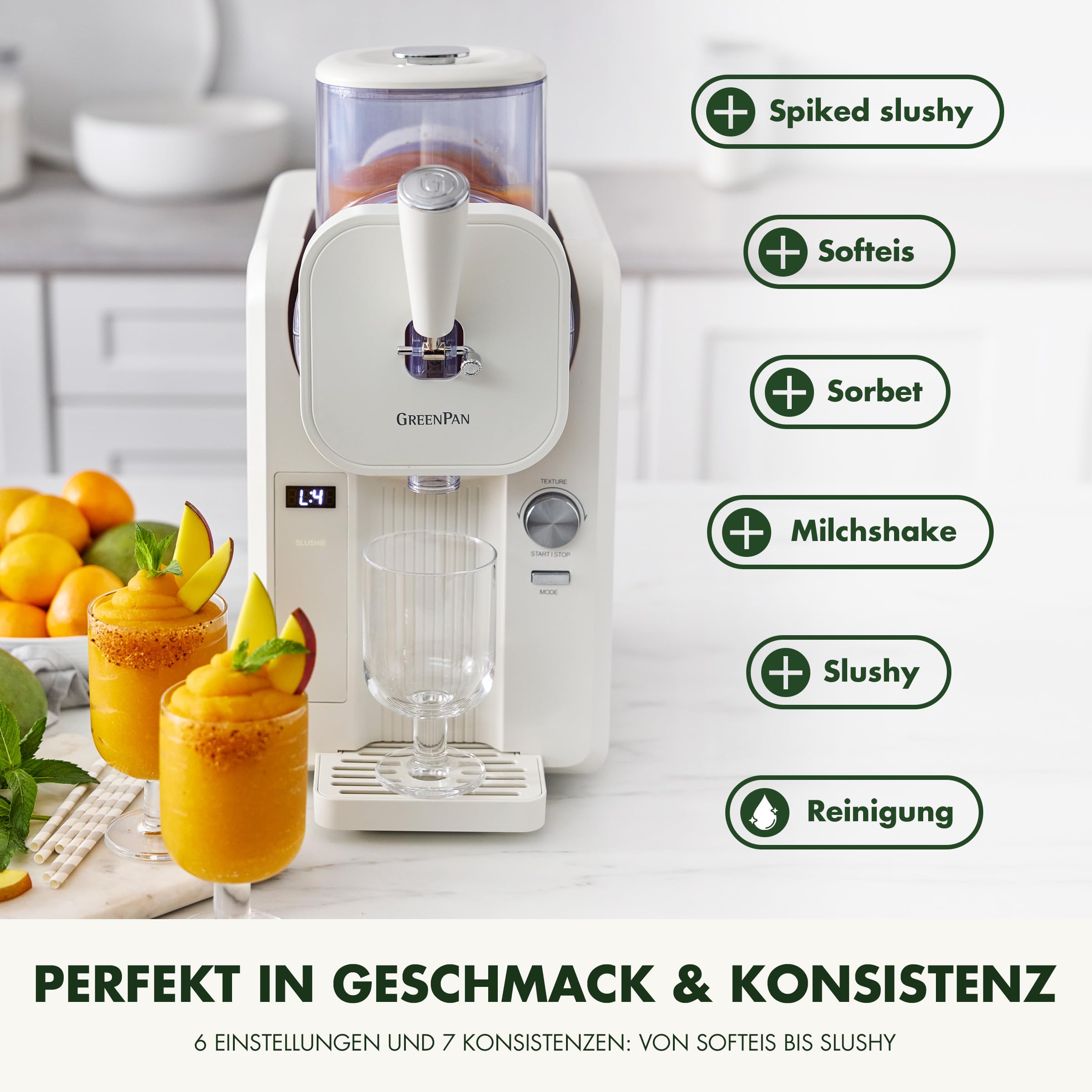 GreenPan Frost Eismaschine & Slushie-Maschine, Softeis, Sorbet, Margaritas, Milchshakes, Gefrorener Joghurt, Kein Vorfrieren, Fertig in 15 Minuten, 6 Modi,7 Texturen,Selbstreinigend,Familiengröße,Weiß