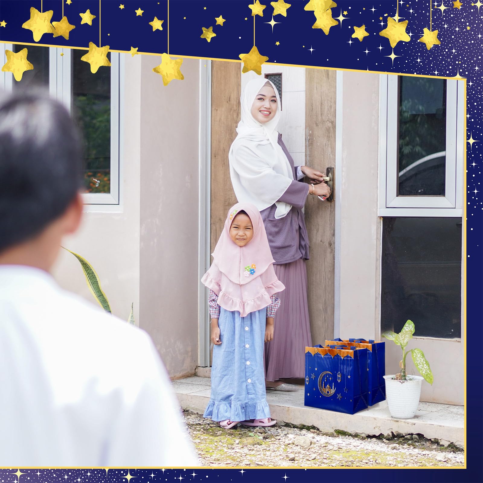 Resurhang 16 Pcs Eid Al Adha Party Reusable Gift Bags with Handles, Muslim Treat Non Woven Ramadan Goodie Bags for Eid Al Adha Muslim Party Supplies(Blue)