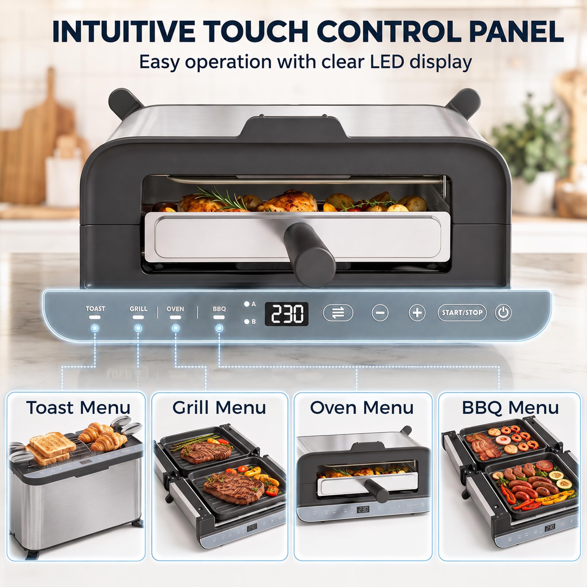 HOMCOM horno eléctrico 3 en 1, tostadora y grill de sobremesa, 5,2 qt, LED, temporizador 60 min, acero inoxidable, 1700 W