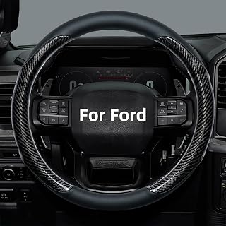 Yangday 포드 F150 F250 F350용 가죽 핸들 커버, 39.4-40.6cm(15.5-16인치) 자동차 핸들 커버, 미끄럼 방지 통기성 (카본 블랙)