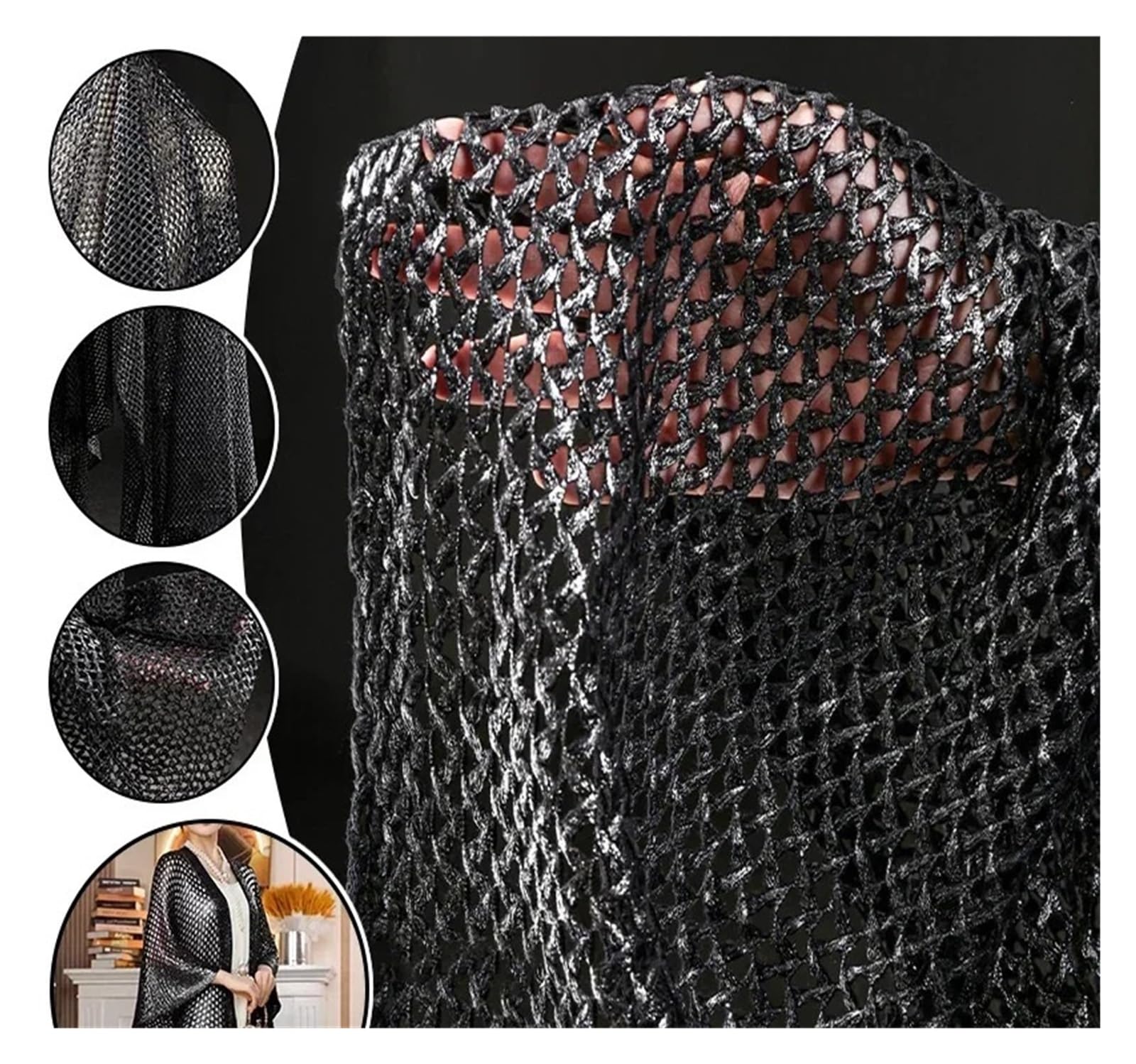 Tela De Malla Tejido de punto malla entretejido con textura 3D | For blusa suéter chal diseñador de ropa de moda(Black-Gold)