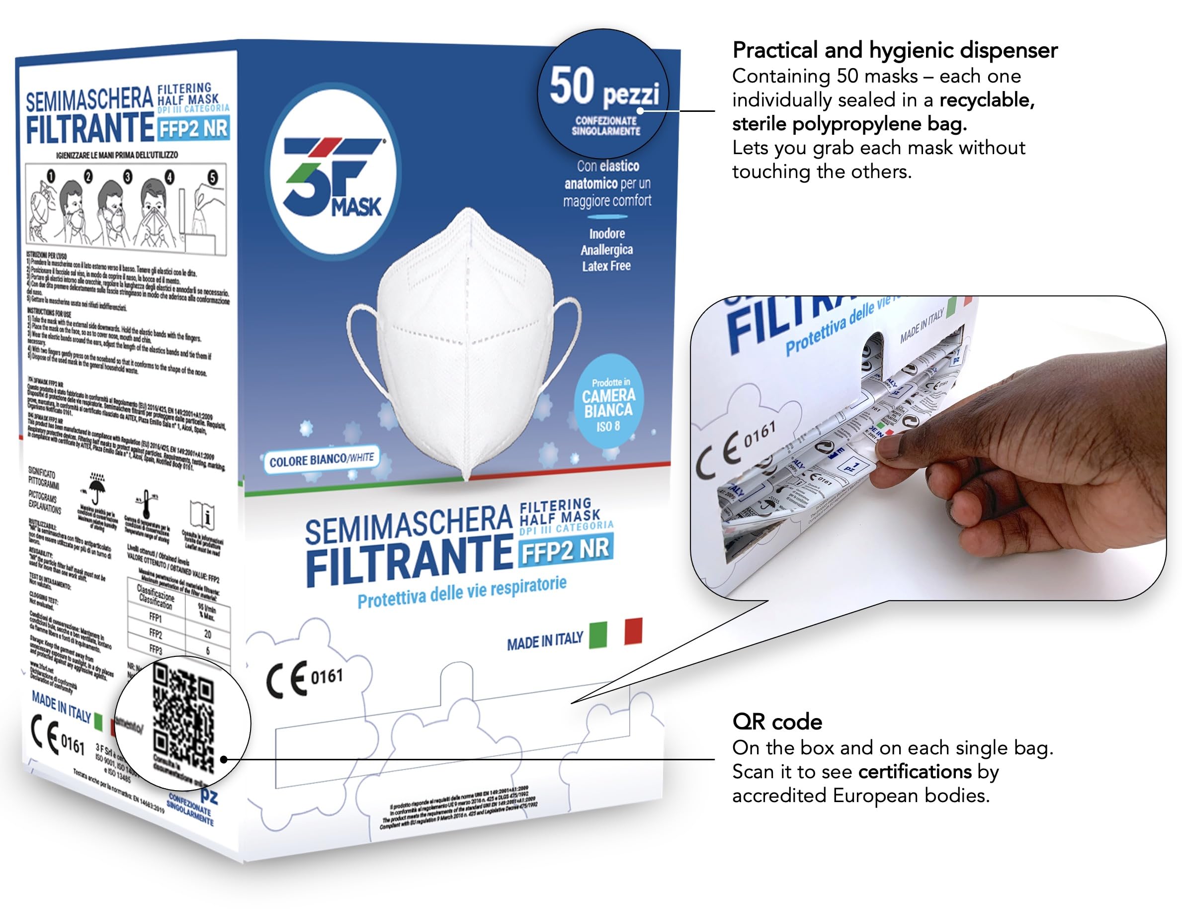 Lot de 50 masques FFP2 certifiés, fabriqués en Italie, emballés individuellement – ​​conformes à la norme UNI EN 149:2001+A1:2009 – couleur Blanche