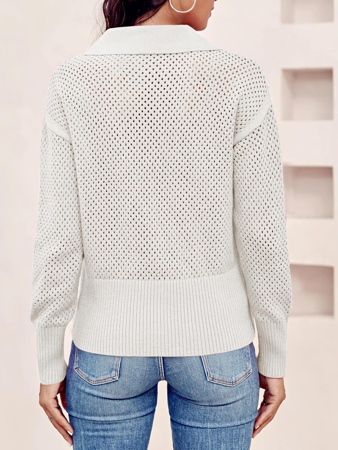 Women's Half Zip Pullover Sweaters Crochet Lapel Collar Long Sleeve Knit Solid Color Jumper Tops - Image 4