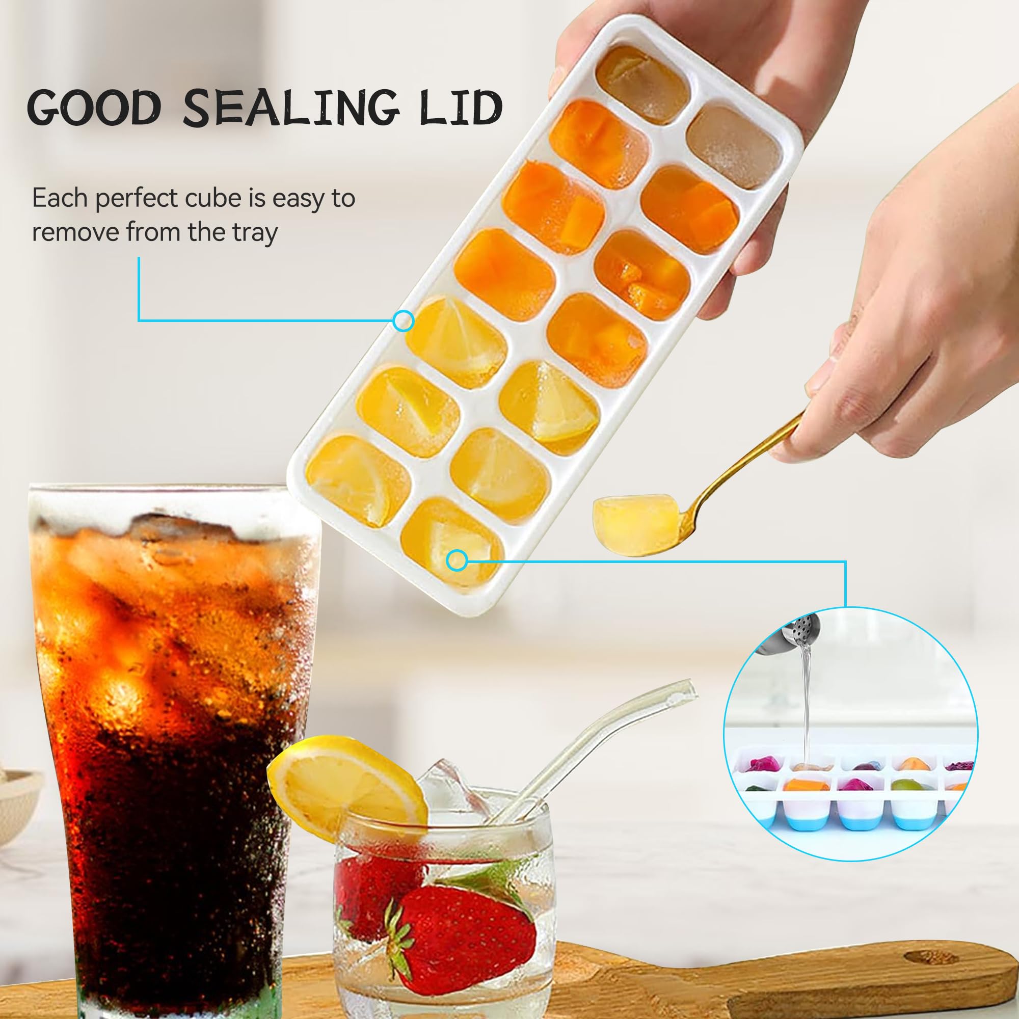 JAADU Lot De 4 Bacs à Glaçons Silicone Avec Couvercle - 56 Glaçons Carrés Empilables Sans BPA