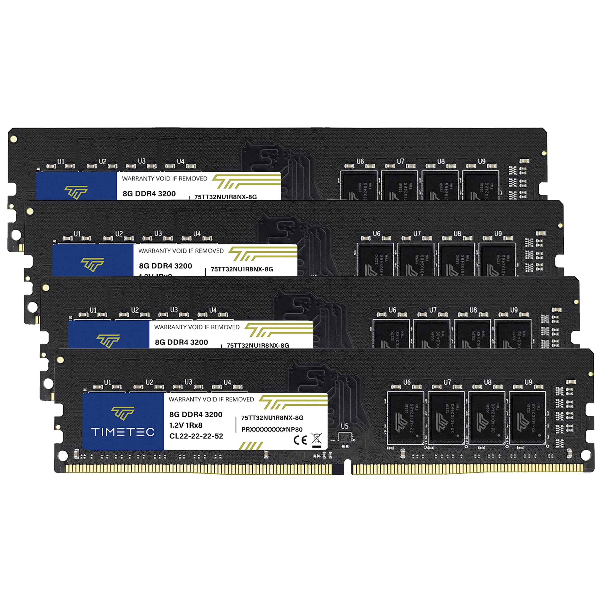 Timetec 32GB KIT (4x8GB) DDR4 3200MHz (PC4-3200AA) PC4-25600 UDIMM Desktop RAM – 288-Pin 1.2V CL22 Non-ECC Unbuffered DIMM Memory Module Upgrade