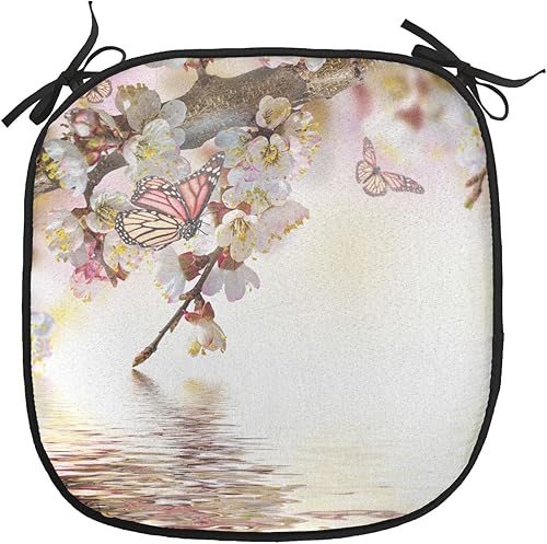 Miniatura 2 de Lunarable Juego de 6 cojines japoneses para silla, diseño floral natural, estilo japonés, jardín con mariposa Sakura en flor de cerezo, acolchado de