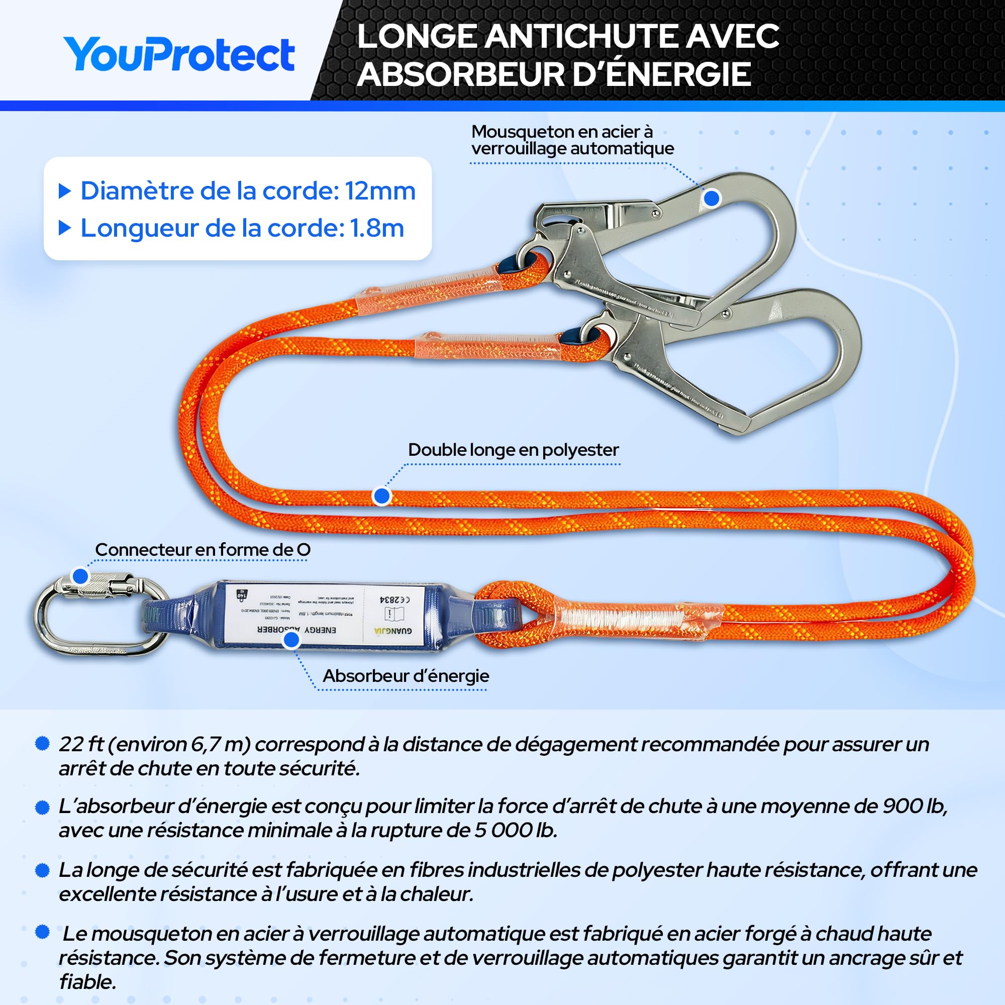 Harnais de sécurité complet réglable avec longe de 1,8 m, Certification CE | charge maximale de 140 kg, pour travaux en hauteur et construction