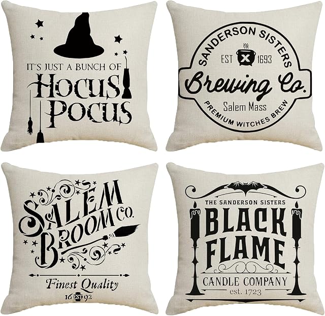 Hocus Pocus Halloween Cushion Covers 45x45 cm Pack of 4 Halloween Decorations Farmhouse Decorative Pillow Cases for Outdoor Indoor Décor