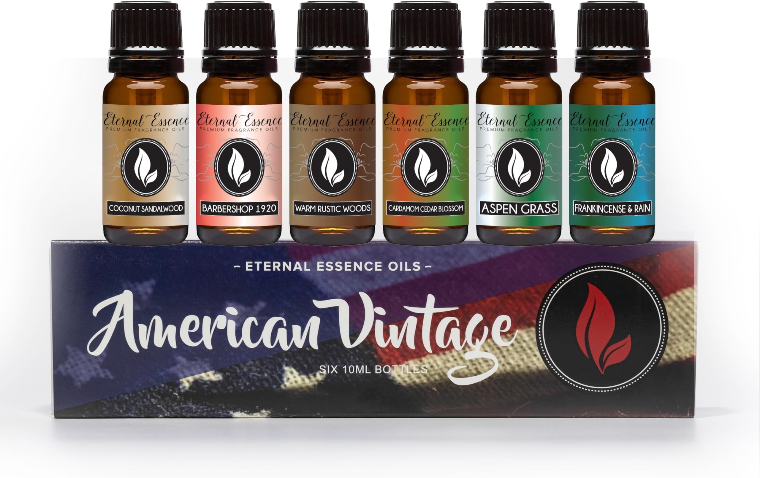Eternal Essence Oils American Vintage Set of 6 Premium Fragrance Oils - Sandalwood Vanilla, Frankincense & Rain, Cardamom Cedar Blossom, Aspen Grass, Warm Rustic Woods, and Barbershop 1920-10ML
