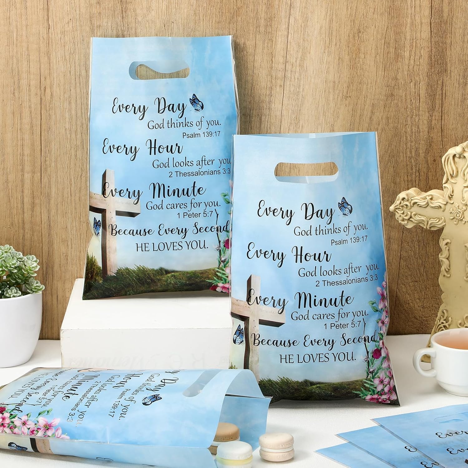 Yinder 50 Pcs Church Gift Bulk Plastic Religious Christian Welcome Treat Bags Goody Bags with Handles Bible Verse Gifts for Women Church Party Supplies Party Favor Decoration - Image 2