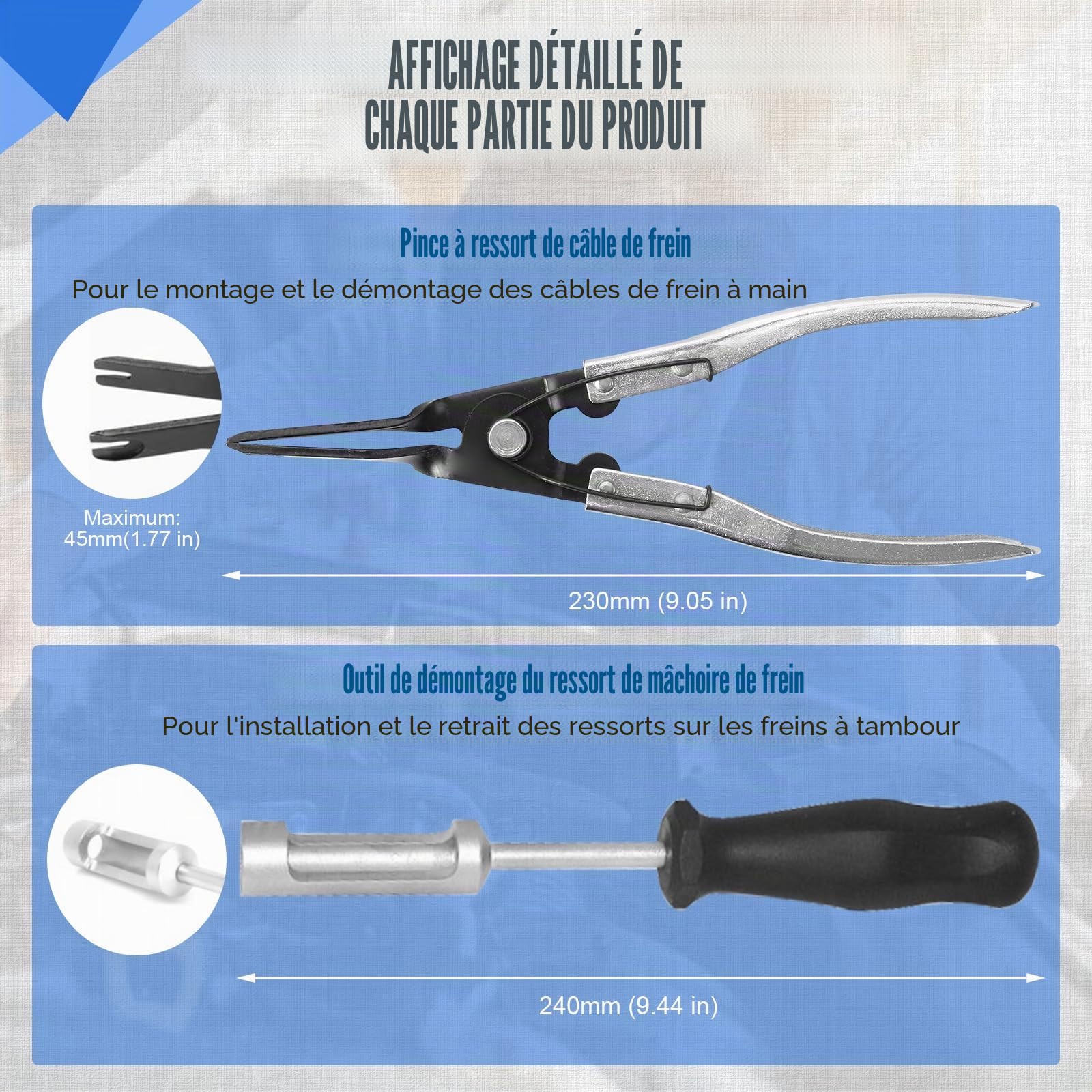 Lot de 15 outils pour tambour de frein de voiture - Kit d'outils de changement et de nettoyage pour systèmes de frein à disque et tambour - Montage d'atelier