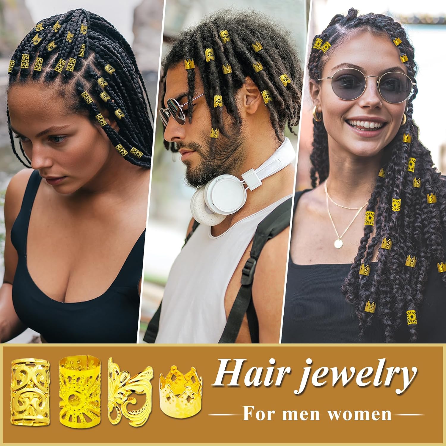 Fscwlmon 260 Pcs Hair Jewelry for Braids,Hair Beads Accessories for Dreadlock,Metal Hair Clips Cuffs Rings,Loc Rave Hair Charm Decorations Adjustable Kits for Men Women