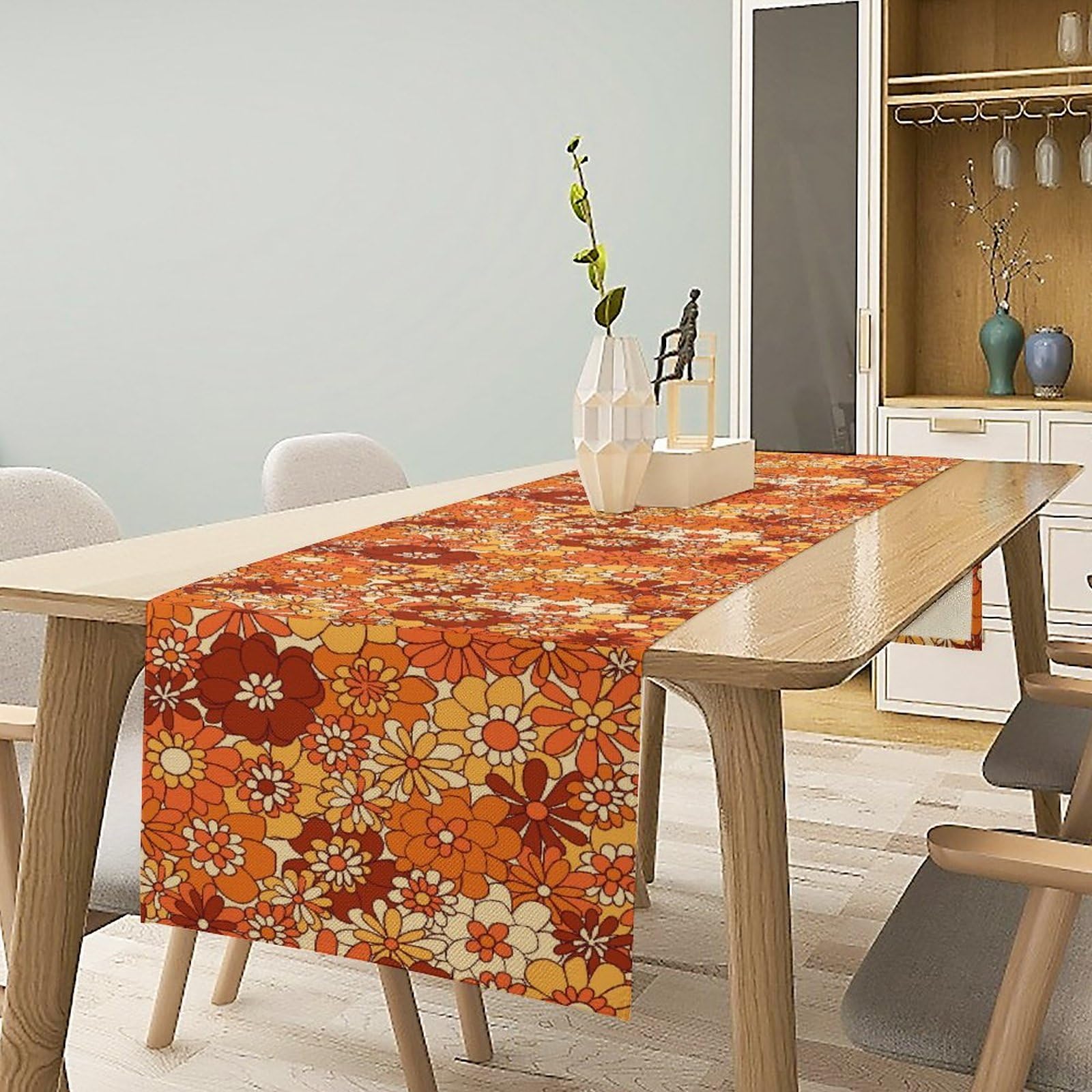 Boho Floral Table Runner, Vintage 70s Hippie Bright Orange Flowers Groovy Abstract Print Table Runner for Party Picnic Dining Room Kitchen 13x60 Inch