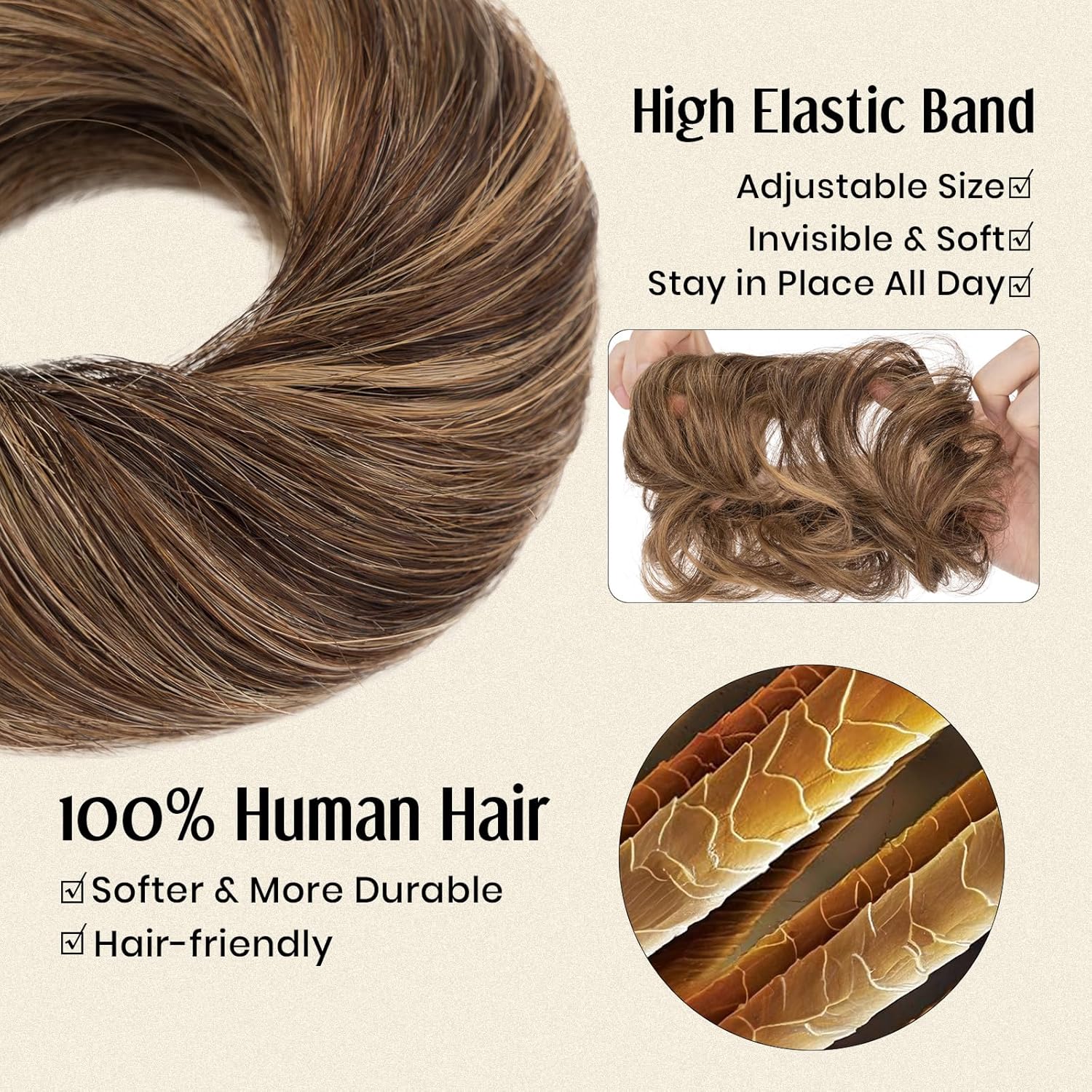 MY-LADY Messy Bun Hair Pieces Human Hair for Women Real Hairpiece Straight Scrunchies Tousled Updo Donut Chignon Ponytail Extension Dark Brown & Light Brown