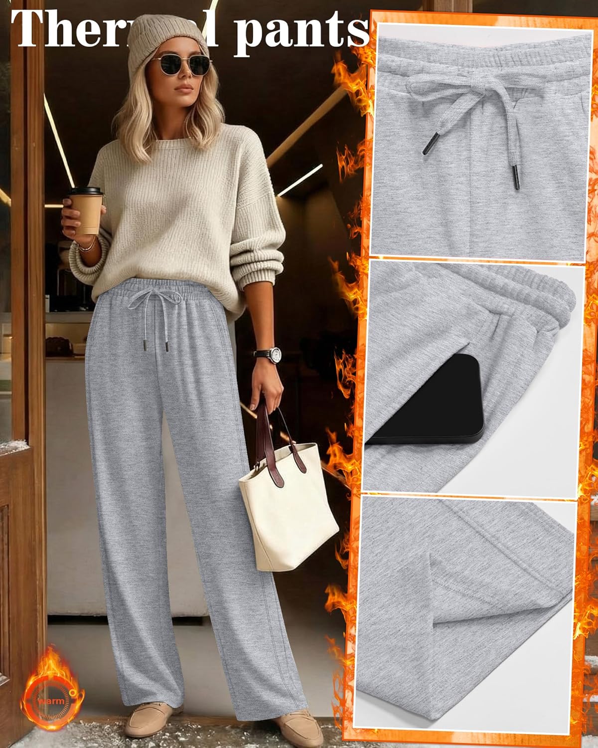 3 Pack Women's Fleece Lined Sweatpants Thermal Straight Leg Pants Lounge Wide Leg Slacks with Pocket Warm Jogger - Image 4