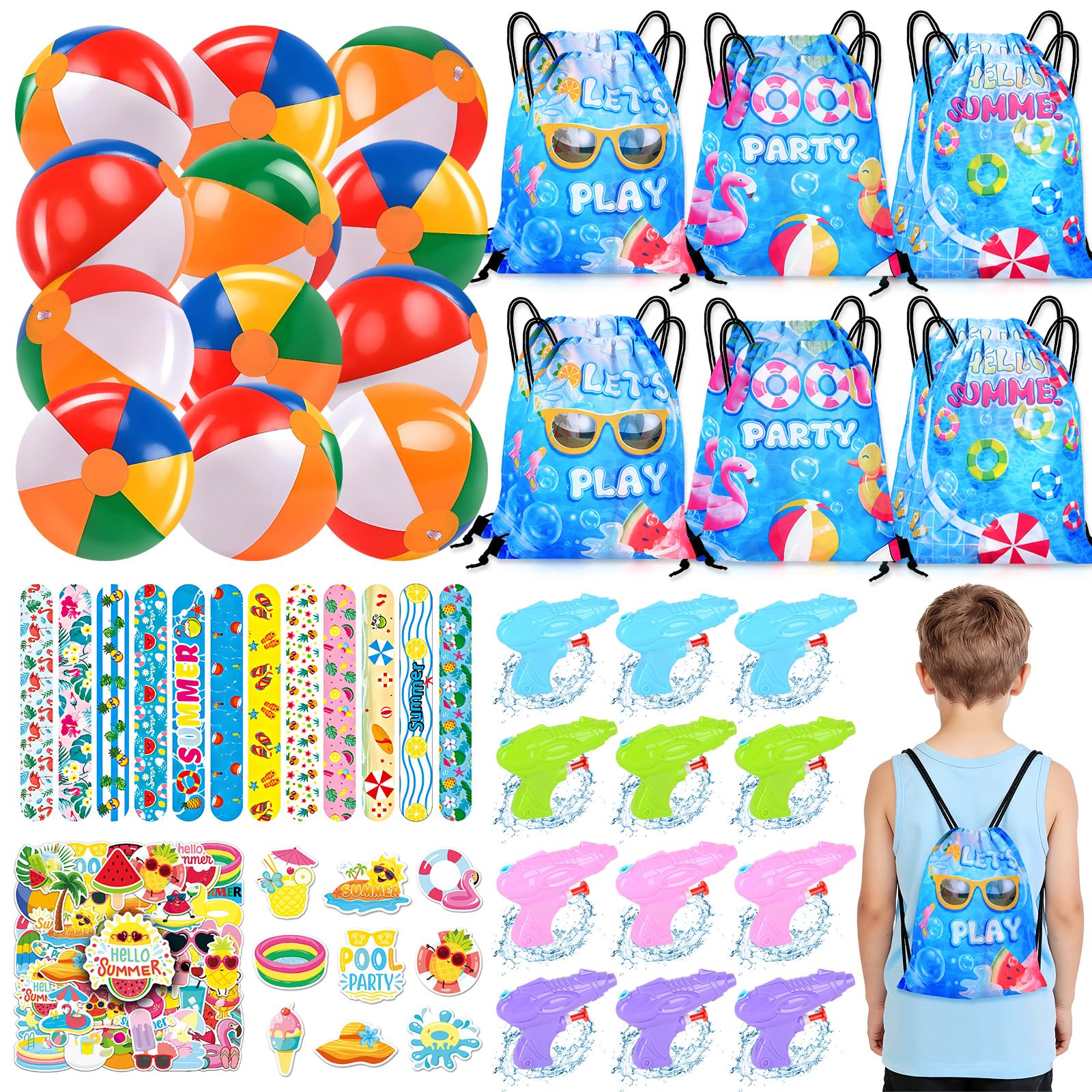 Detalles de Fiesta de Piscina, 108 Piezas Accesorios de Fiesta de Verano para Niños, Pelotas de Playa, Bolsas con Cordón, Pegatinas, Suministros para Fiesta de Cumpleaños Hawaiana