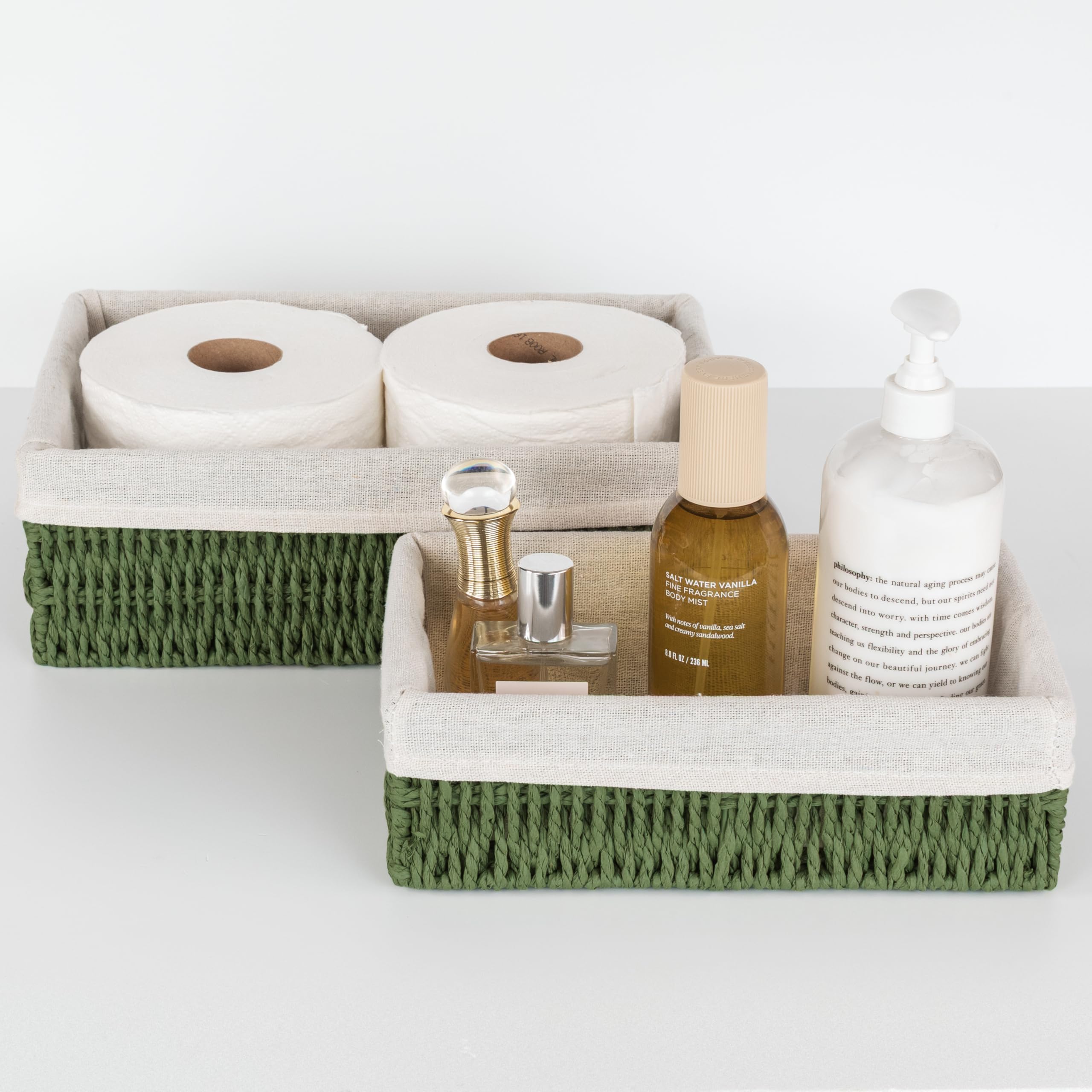 KIBAGA Beautiful Toilet Paper Storage Basket Set of 2 – Decorative Wicker Bathroom Organizer for Toilet Tank Trays - Quality Holder Bin For Shelves Fits Perfectly With Any Bathroom Decor
