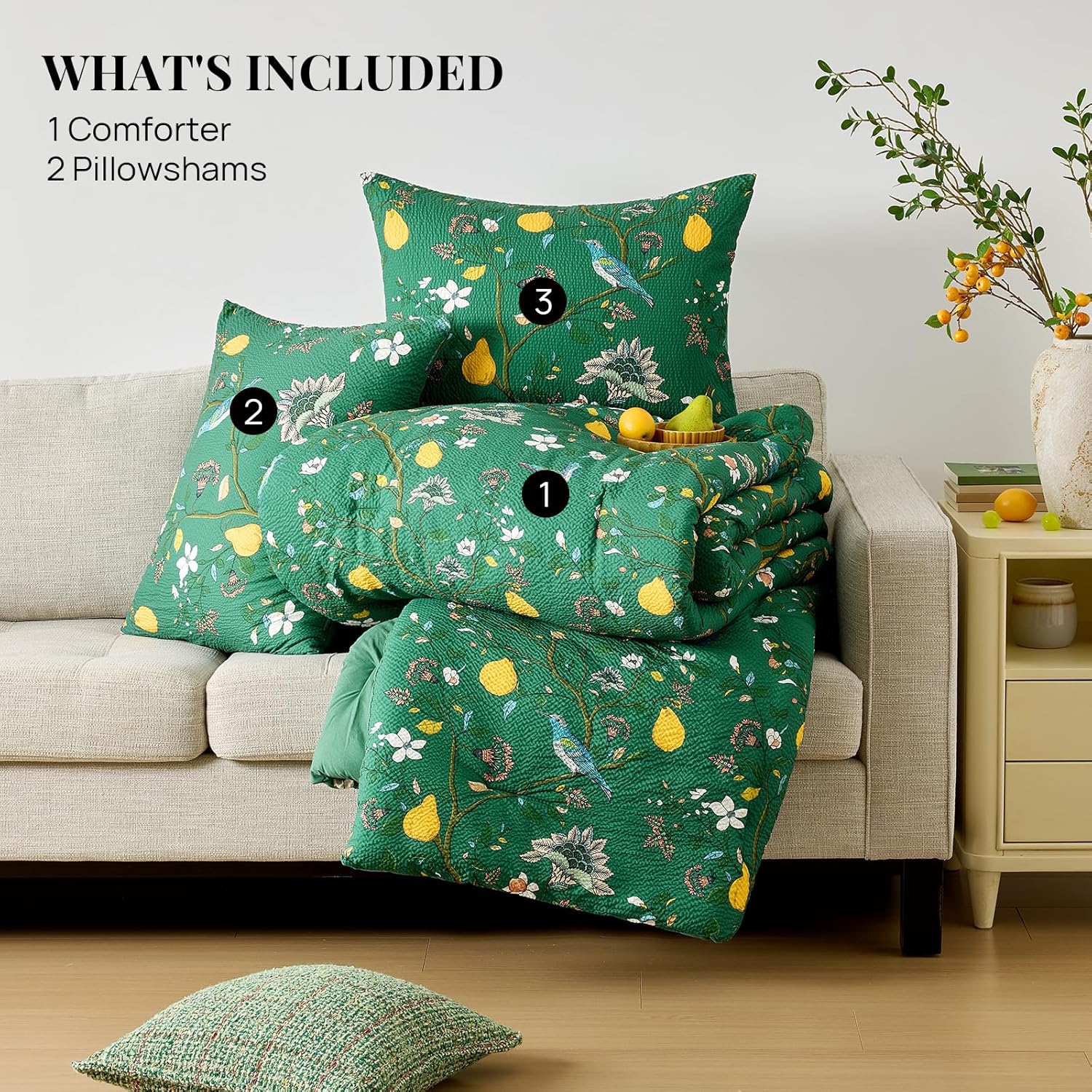 MUSSEL Queen Size Comforter Set 3 Pieces,Green Vintage Botanical Floral Pattern Bedding Comforter Sets,Boho Whimsical Modern Printed Design Cute Seersucker Bedroom Comforter and Shams - Image 7