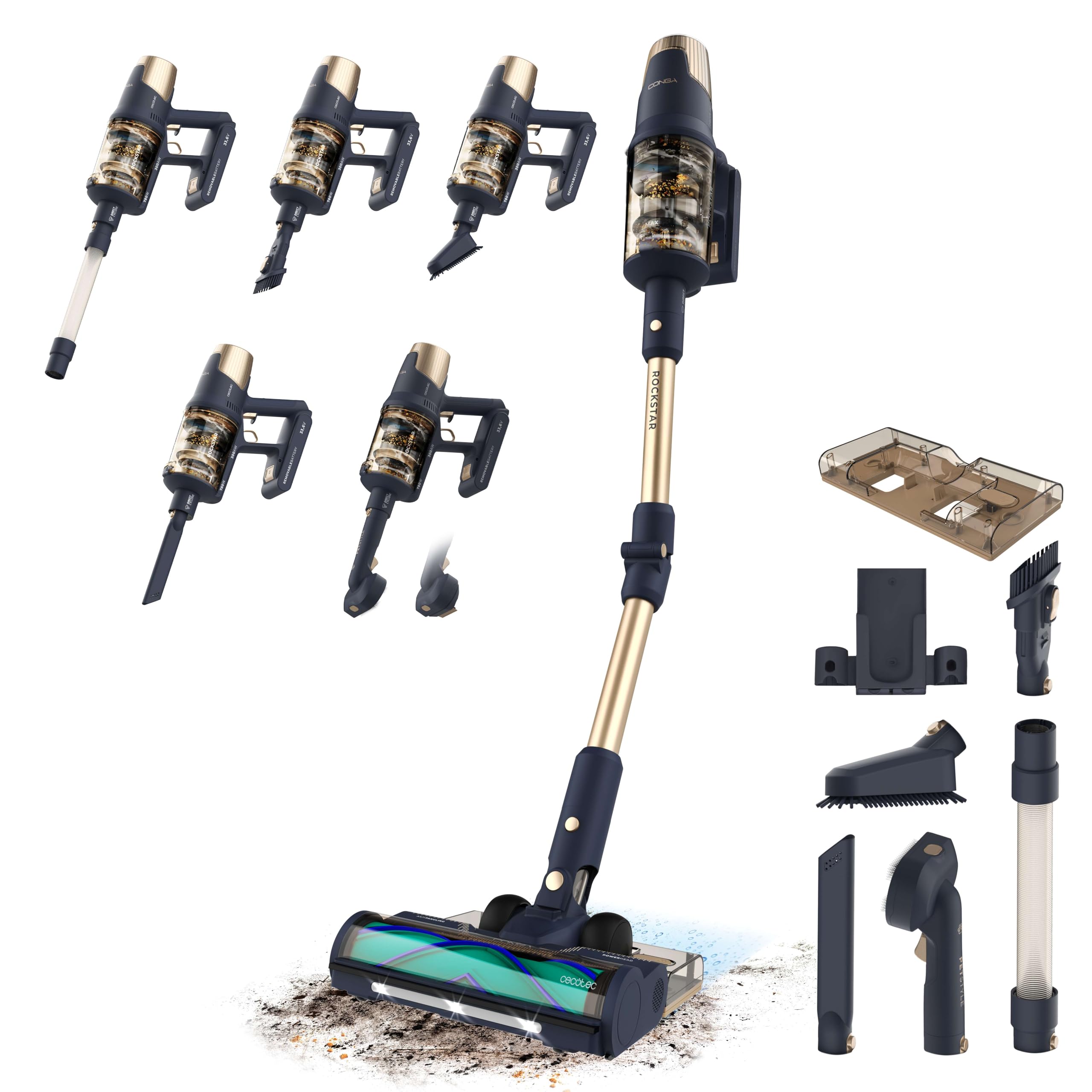 Cecotec Rockstar RX70 AquaPet Flex Cordless Broom Vacuum Cleaner, 300AW, 780W, High Performance Motor, Hairless XL Brush, 100mins Range in Eco Mode, Flex Tube, LED Light and Scrubbing System