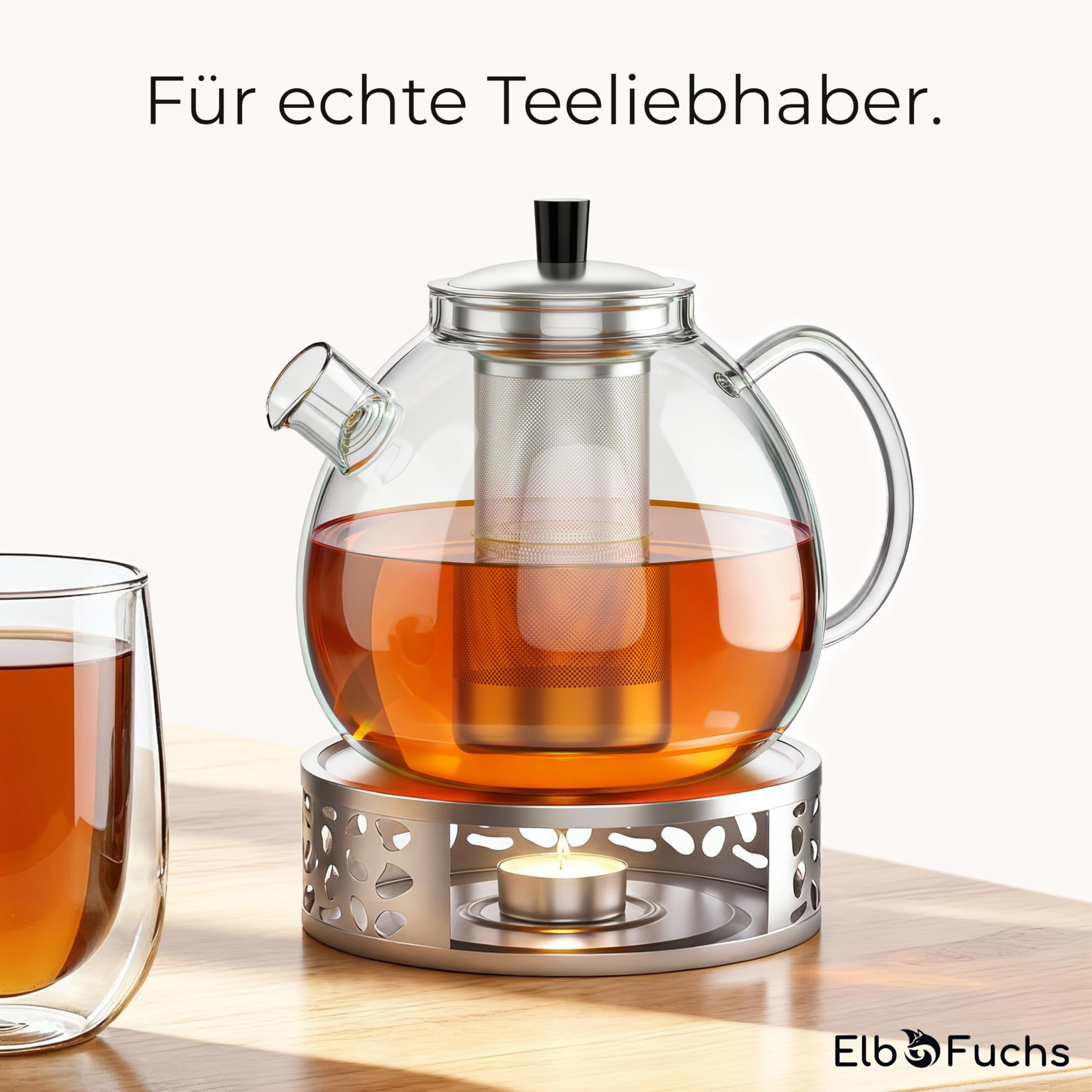 ElbFuchs® Doppelwandige Teegläser 4x 350ml & Teekanne 1,5 Liter mit Stövchen VIENNA | GESCHENKIDEE | Kristallklare Thermogläser doppelwandig | Ideal als Teeservice