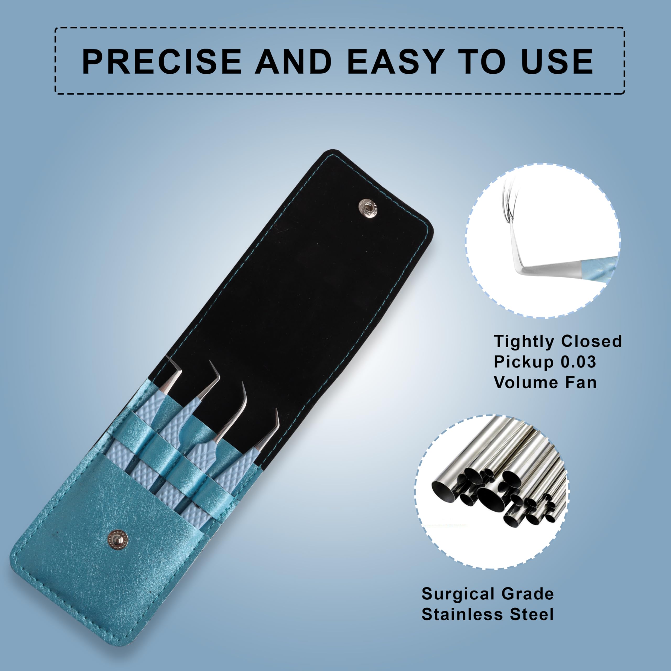 Pinzas profesionales para extensiones de pestañas, juego de 4 pinzas de fibra de acero inoxidable con agarre de diamante (4, azul cielo)