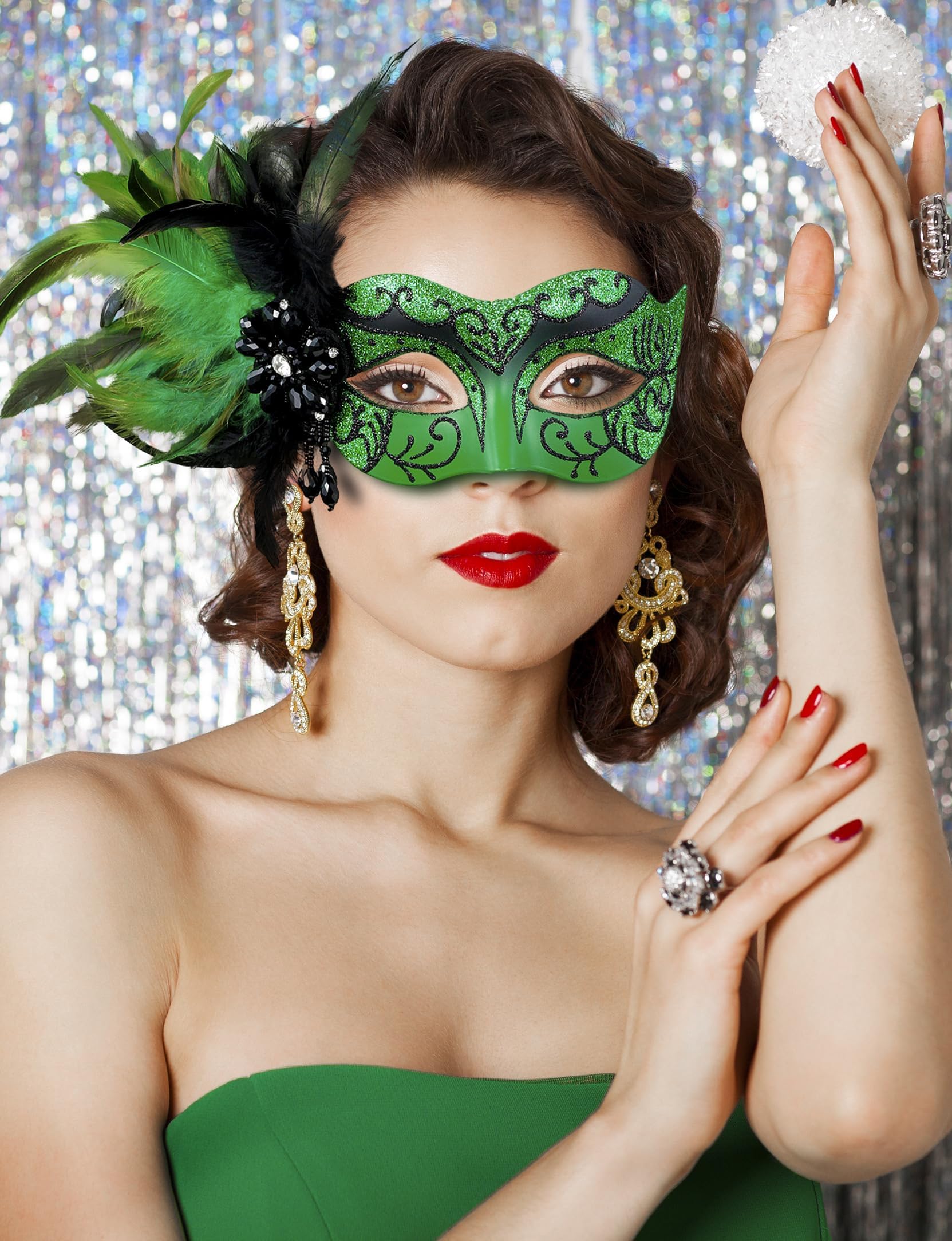Green Luxury Masquerade Mask for Halloween new Amazon.com: MYSEUNI Green His and Hers Masquerade Masks Set  main image 3