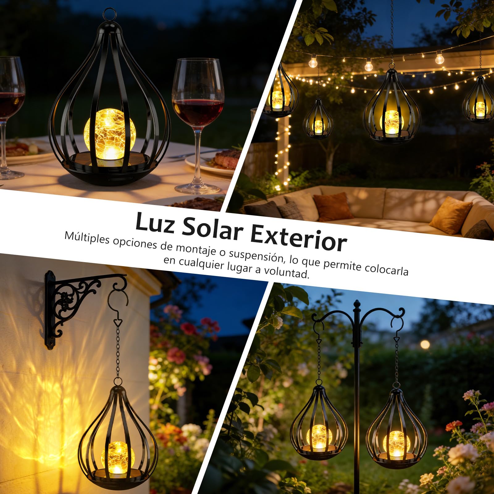 Farolillos Solares Exterior, 2 Piezas Lamparas Solares Exterior Jardin, Luces Solares Metálicas Suspendidas Impermeables, Decoracion Jardin Exterior, Aptas para Balcones, Patios y Terrazas