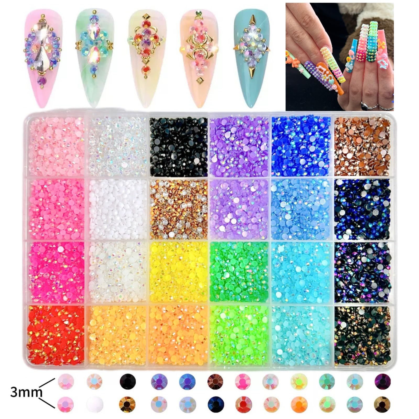 Zestaw do bedazzling z klejem i piórem, 24000/30000/32000 szt. żywicy żelowej z kryształkami do bedazzling, wielokolorowe kryształki płaskie z 3 szt. kleju 10 ml do DIY artystyki paznokci, rzemiosła
