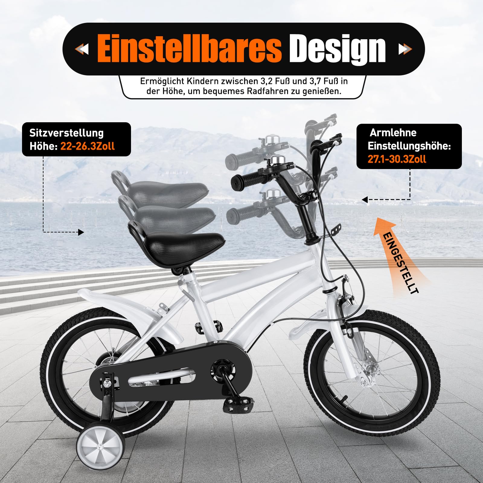 Kinderfahrrad 12/14 Zoll - Fahrrad Kinder mit Abnehmbaren Stützrädern, Verstellbarem Sattel & Lenker, Robust für Park und Spielplatz, ab 3 Jahre für Jungen und Mädchen, Weiß