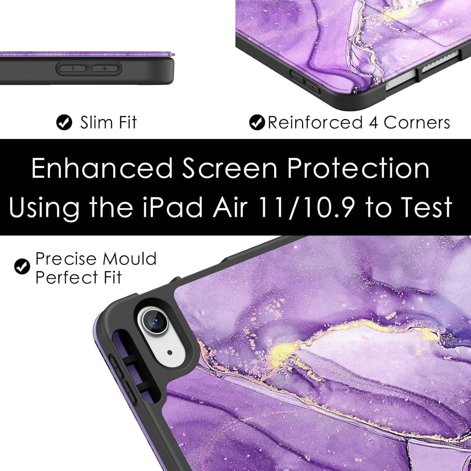 Soke Case for New iPad Air 11 Inch (M4/M3/M2, 2026-2024), iPad Air 5th/4th Generation 10.9 Inch (2020-2022) with Pencil Holder, Soft TPU Back Cover & Auto Sleep/Wake, Purple Marble