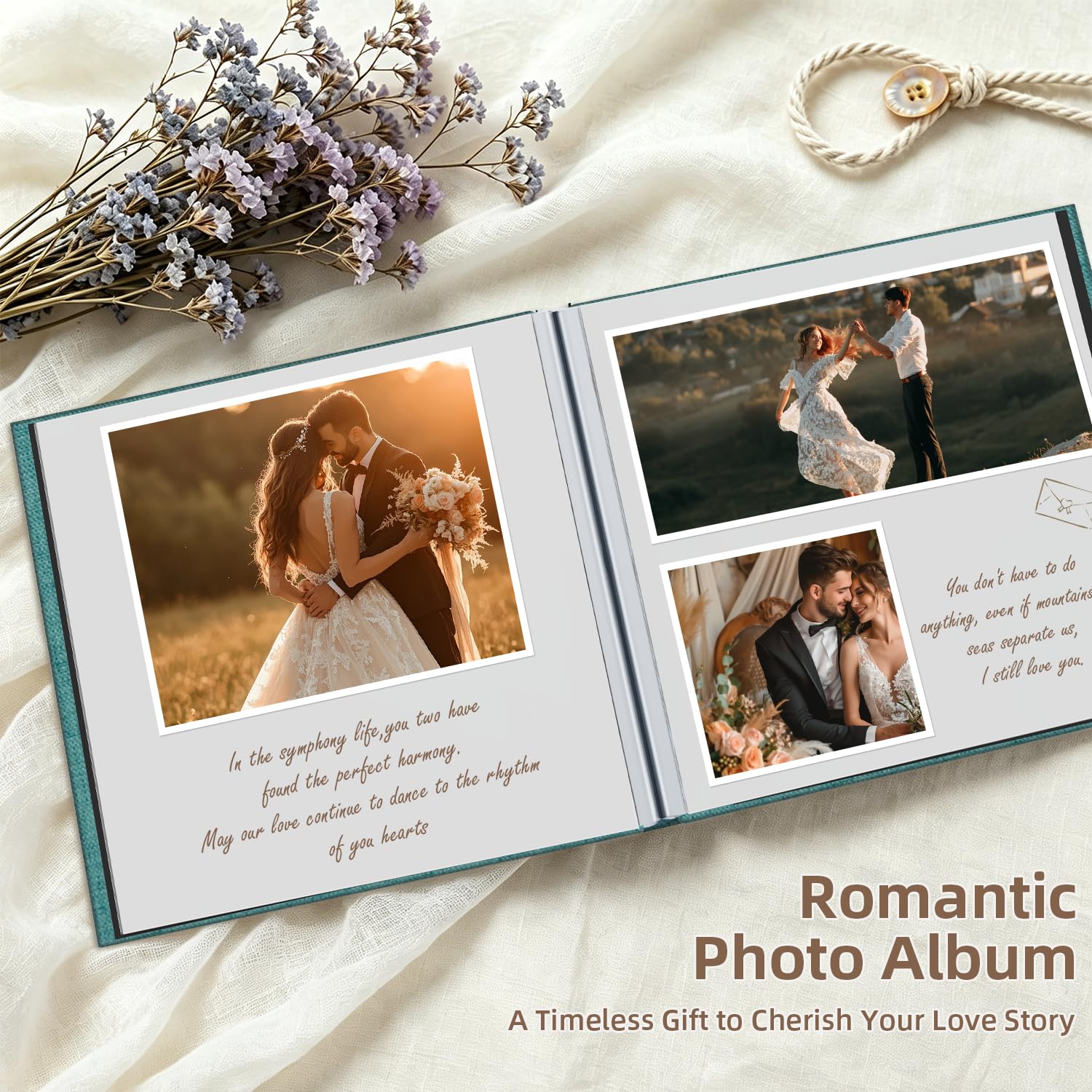 Popotop Álbum de fotos autoadhesivo con ventana de visualización de imágenes, 60 páginas, álbum de recortes para fotos de 4 x 6, 8 x 10 pulgadas, libro de recuerdos con cubierta de lino para boda de