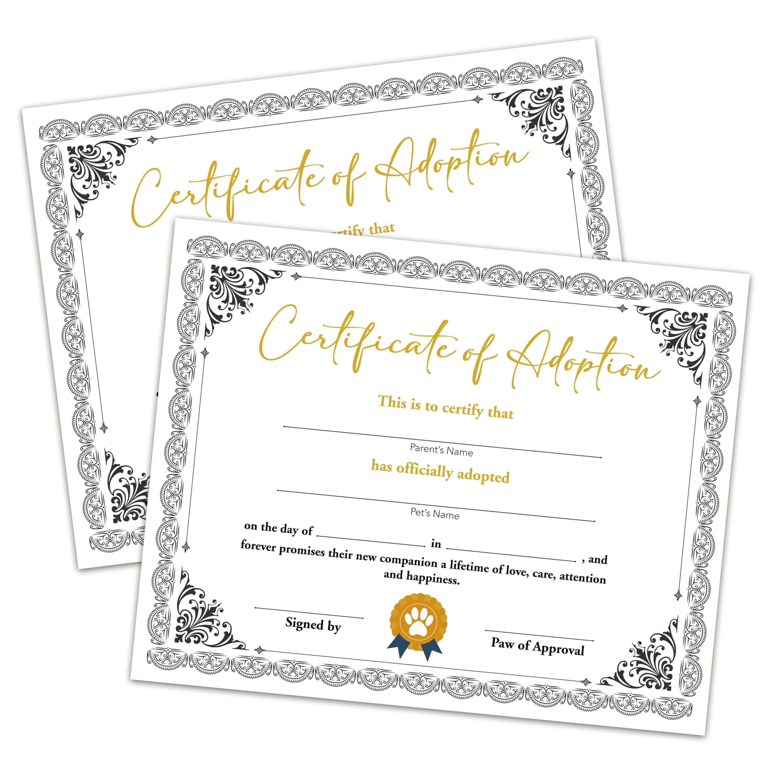 Pet Adoption Certificate - Adopt A Pet Certificate for Girl Boy - Black Gold Pet Adoption Party Decorations - Cat Dog Birthday Party Favors Supplies,