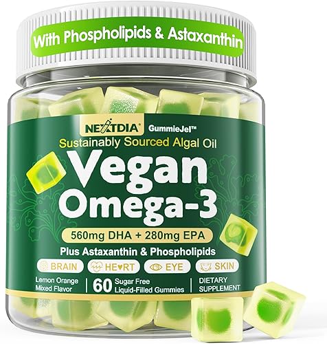 Gomitas veganas Omega 3 + fosfolípidos, astaxantina, vitamina D3, DHA 560 mg y EPA 280 mg, suplemento de algas Omega 3 sin pescado para adultos y