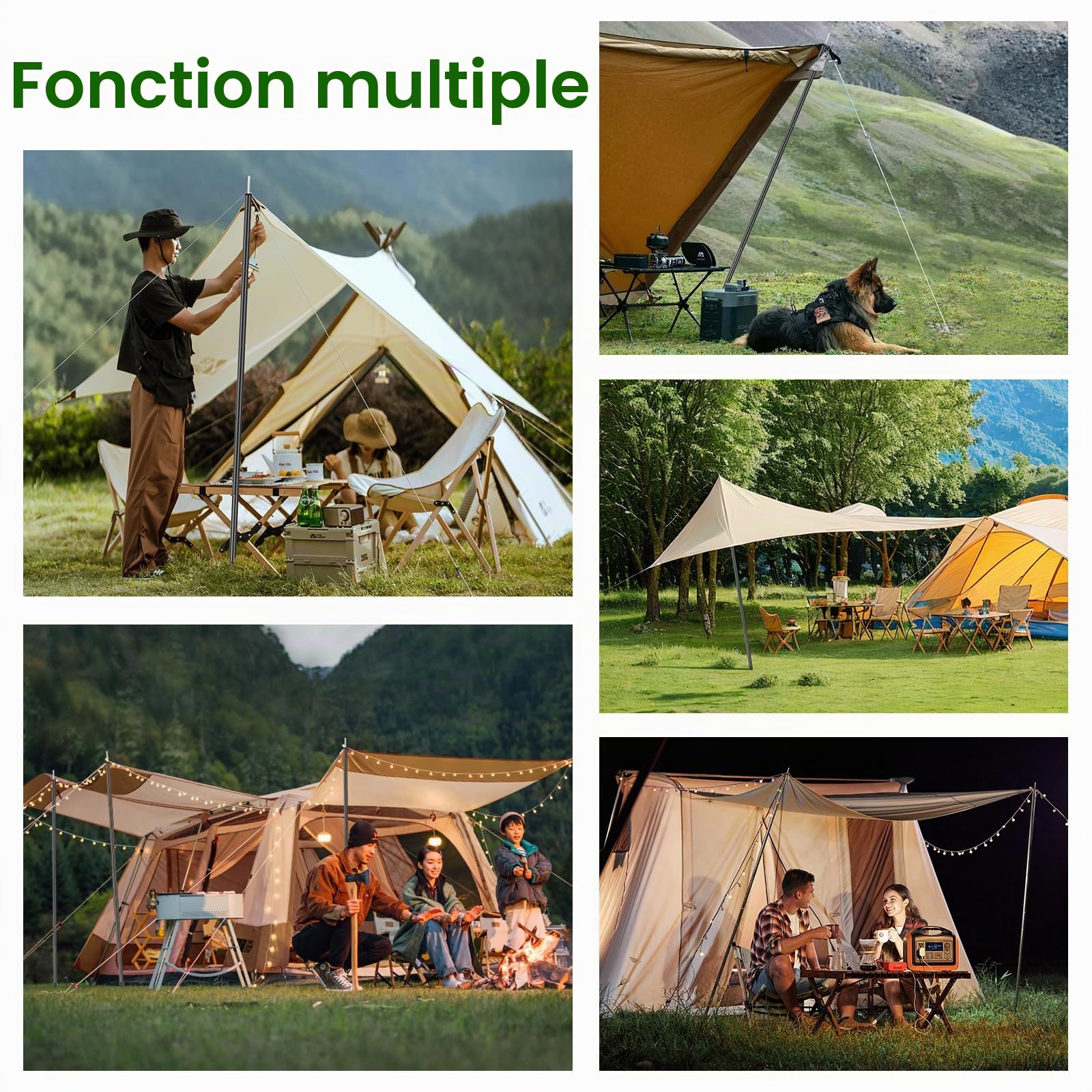 KOMCLUB Tente télescopique 42-195 cm | Bâtons de camping réglables pour bâche et voile d'ombrage, sac de transport inclus