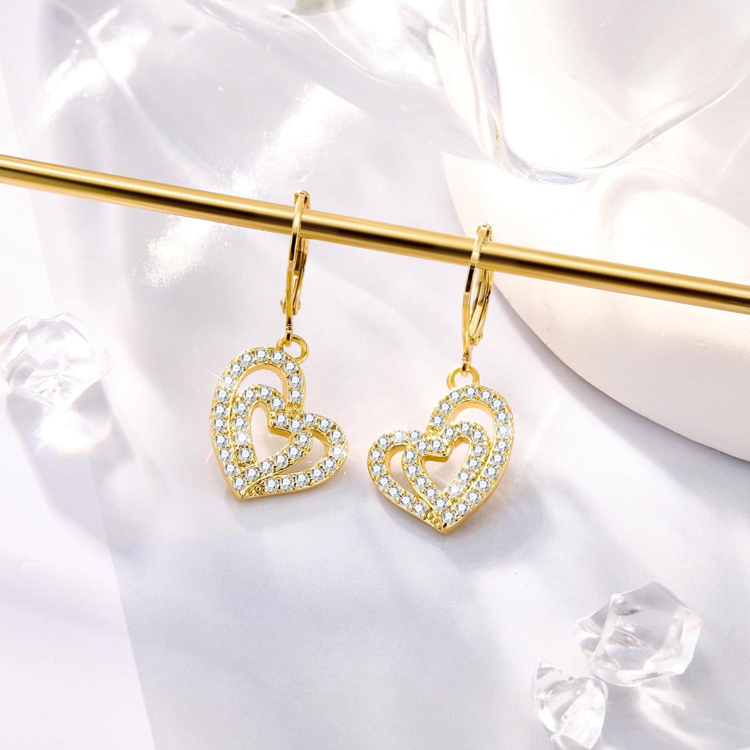 ALEXCRAFT 925 Sterling Silver Heart Leverback Earrings for Women Trendy, Cubic Zirconia Drop Dangle Earrings Jewelry 14K Gold Plated Hypoallergenic Doulbe Love Heart Leverback Dangle Earring - Image 3