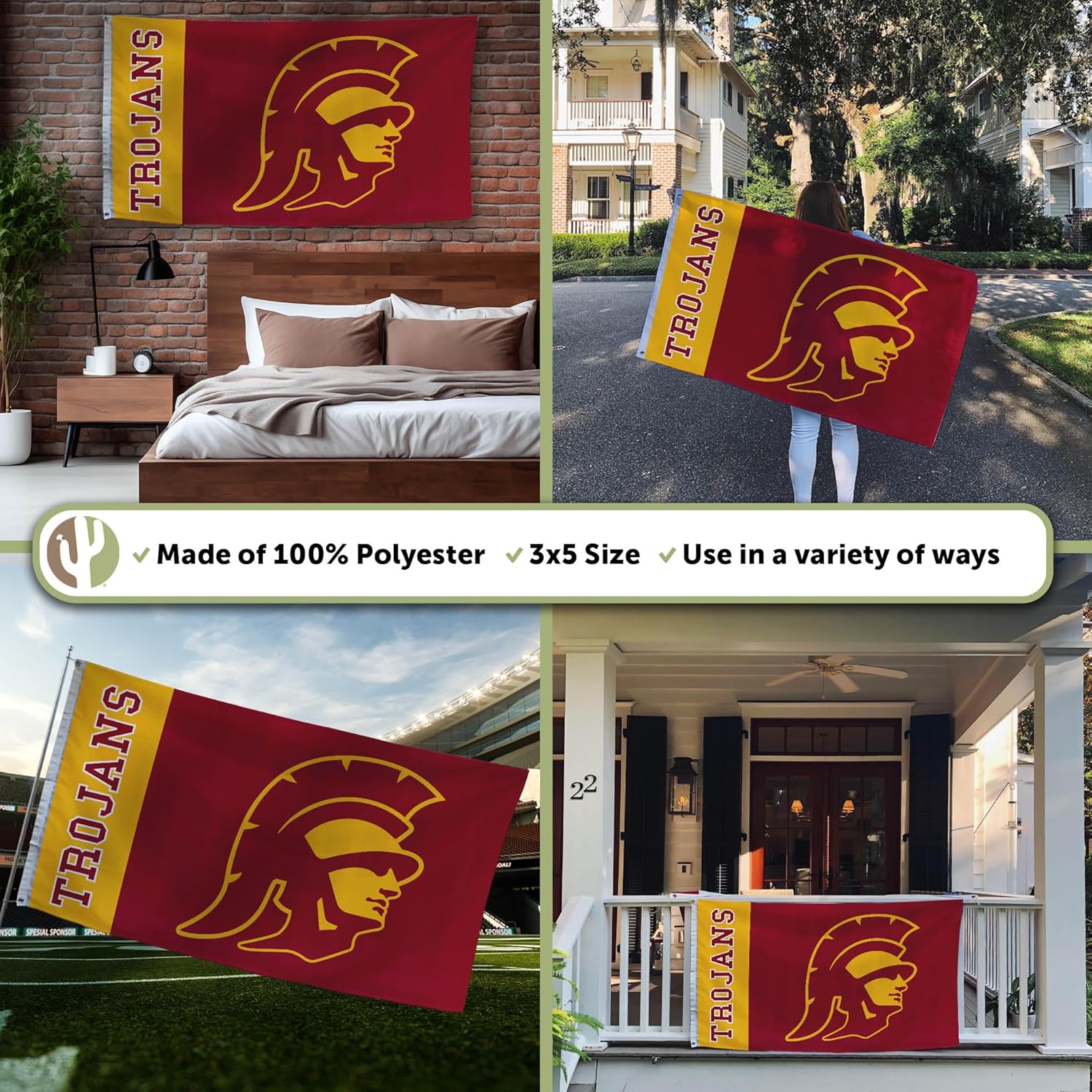 Desert Cactus University of Southern California USC Flag - 3 x 5 Feet Trojans Banner, Indoor/Outdoor Durable Fabric, 100% Polyester Design (Style Team Name B) - Image 3