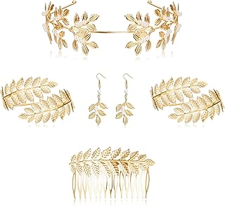 6Pcs Greek Goddess Costume Accessories Set for Women Leaf Headband Bracelet Armband Golden Laurel Leaves Crown Costume Headband
