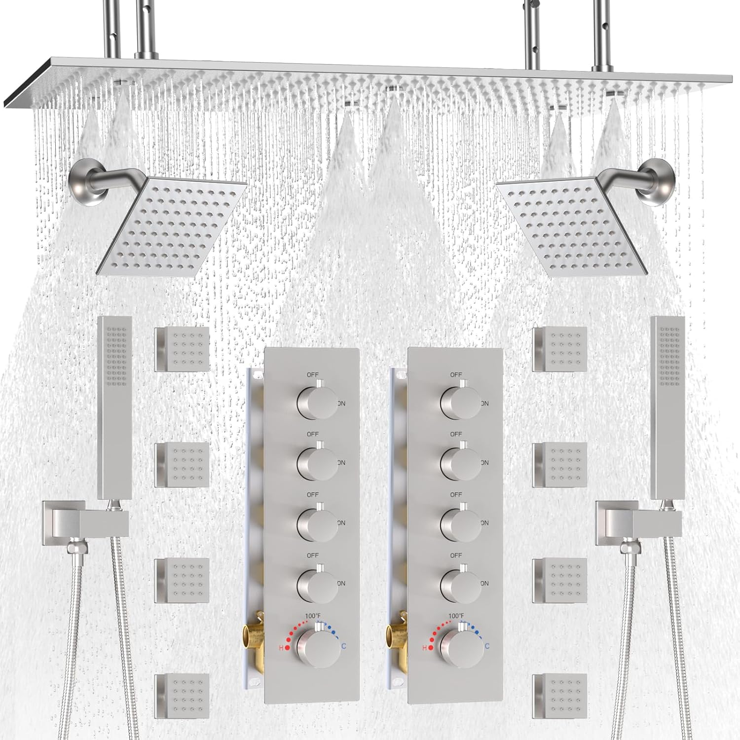 HOMEDEC Dual Shower System for Two, 16x32" Rain & 6" Shower Heads, 4-Way Diverter Valves, Shower Faucet Set with Body Jets & Handheld, Brushed Gold