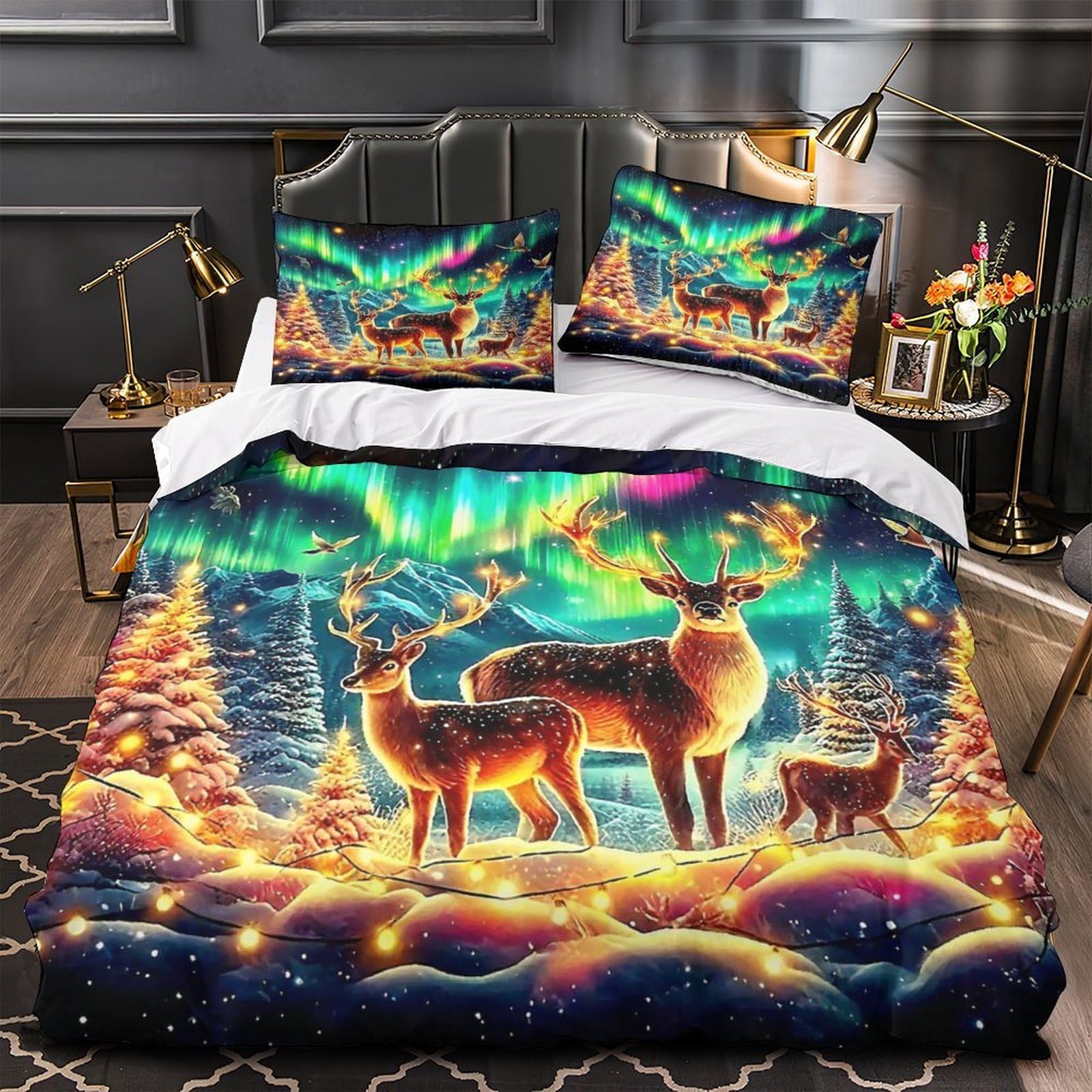 Ensemble de lit cerf 3D en microfibres 220x240 cm avec housses d'oreillers